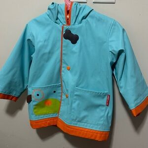 Skip Hop Aqua & Orange Hooded Kids Raincoat with Playful Pocket Applique